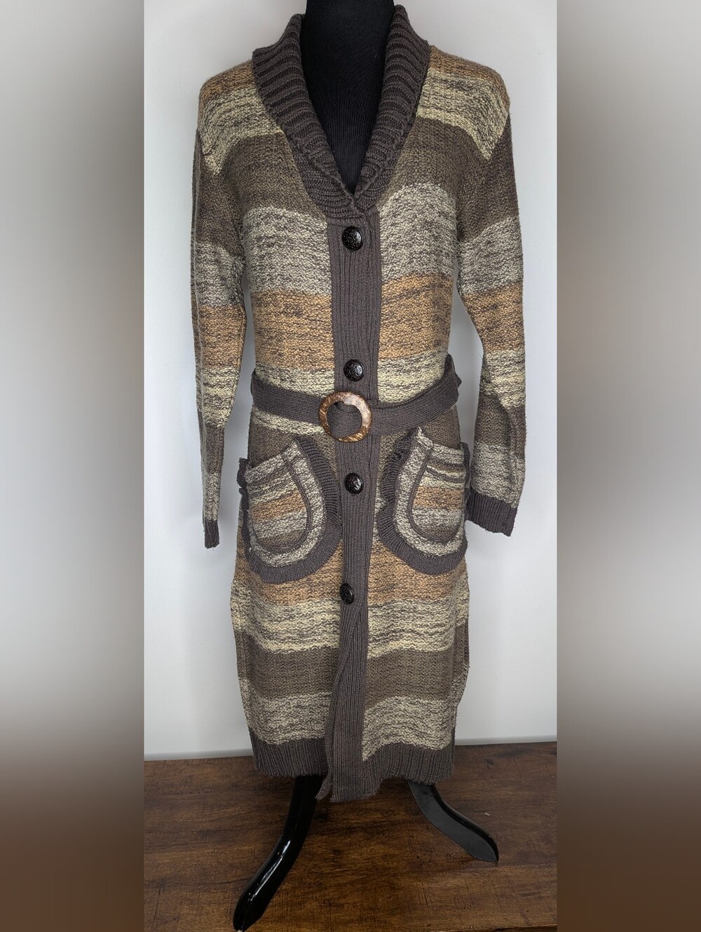 Mod Classic Knitwear Striped Vtg Style Tortoise Buckle Belted Duster Cardigan M